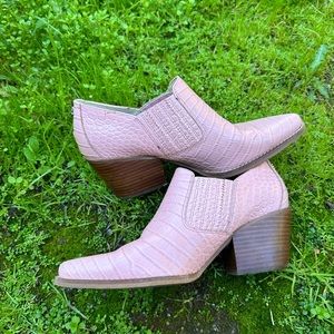 Pink Pointed Heel Booties Faux Croc